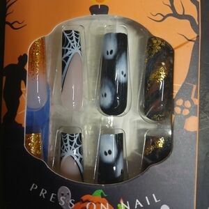 Halloween Gothic ghost spider web orange gold black press on nails